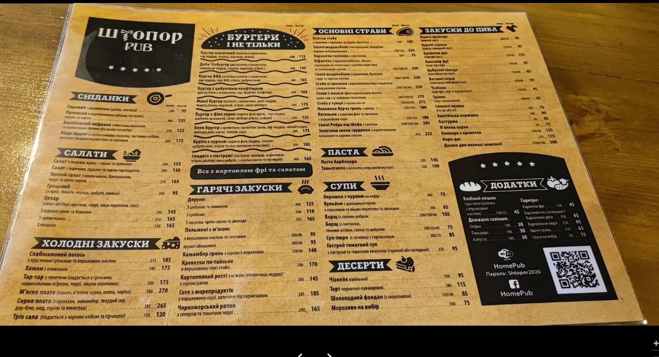 Меню ШТОПОР PUB